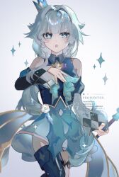 1girl :o absurdres blue_dress blue_eyes blue_hair blue_thighhighs cane cerydra_(honkai:_star_rail) commentary_request crown detached_sleeves dress grey_background highres holding holding_cane honkai:_star_rail honkai_(series) long_hair looking_at_viewer mini_crown nemui_naaaa simple_background single_thighhigh solo thighhighs
