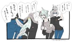 2girls :d ahoge ahoge_wag animal_ears aqua_hair bag black_jacket black_pants blue_eyes blue_pants blunt_ends blunt_tail blush bow braid clothing_cutout commentary_request cowboy_shot ear_ribbon erythrocebus_patas excited expressive_hair flying_sweatdrops foreshortening fujimasa_march_(umamusume) grey_sweater half_up_half_down_braid hand_in_pocket heart highres horse_ears horse_girl horse_tail intertwined_tails jacket multiple_girls off-shoulder_sweater off_shoulder oguri_cap_(umamusume) open_mouth pants pointing red_eyes short_hair shoulder_bag smile speech_bubble sweater tail tail_through_clothes umamusume umamusume:_cinderella_gray yuri