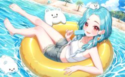 1girl absurdres aqua_hair barefoot beach braid denim denim_shorts earrings food forehead full_body highres holding holding_food holding_ice_cream ice_cream jewelry long_hair looking_at_viewer midriff multicolored_hair necklace open_mouth outdoors red_eyes shiranami_ramune shirt shorts smile streaked_hair sunamama4788 swim_ring twin_braids virtual_youtuber vspo! white_hair white_shirt