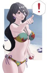 ! 1girl absurdres armpits bare_arms bare_shoulders beach bikini black_eyes black_hair black_nails breasts collarbone cosplay earrings hair_between_eyes hex_maniac_(pokemon) hex_maniac_(pokemon_legends:_z-a) highres holding holding_poke_ball jewelry long_hair medium_breasts multicolored_bikini nail_polish navel nintendo o-ring o-ring_bikini ocean outdoors pointing poke_ball pokemon pokemon_legends:_z-a pokemon_swsh pomelomelon rock solo spoken_exclamation_mark standing stomach swimmer_(pokemon) swimmer_(pokemon)_(cosplay) swimsuit thighs very_long_hair