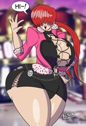 1girl ass breasts cleavage_cutout clothing_cutout curvy dress earrings female_focus fishnets hand_up huge_ass huge_breasts jacket jewelry kenkaranger large_breasts long_hair no_bra outdoors pale_skin ponytail red_hair shermie_(kof) skirt smile stage standing the_king_of_fighters thick_thighs thighs twintails waving wide_hips