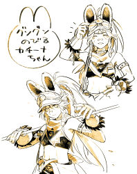 1girl aged_up animal_ears arm_tattoo arm_up armlet armpits braid chinchilla_ears closed_eyes collar facing_viewer flower fur-lined_gloves genshin_impact goggles goggles_on_headwear high_ponytail jewelry kachina_(genshin_impact) light_smile long_hair looking_at_viewer midriff monochrome multiple_braids multiple_views navel over_shoulder polearm ponytail scarf sepia serious side_braids stomach takishima_asaka tattoo toned toned_female upper_body very_long_hair visor_cap weapon weapon_over_shoulder