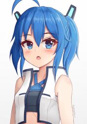 1girl ahoge bare_shoulders blue_eyes blue_hair blush breasts collarbone commentary_request cropped_jacket eris_(prophosphere) gradient_background grey_background headgear highres jacket open_clothes open_jacket open_mouth original prophosphere signature sleeveless sleeveless_jacket small_breasts solo twintails upper_body white_background white_jacket