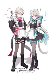 1boy 1girl alternate_costume animal_ears apron arm_behind_back black_boots black_dress black_pantyhose black_shirt black_thighhighs blue_bow blue_bowtie bluesky_logo bluesky_username boots bow bowtie breasts card cat_ears cat_girl cat_tail closed_mouth commentary_request crossdressing dress enmaided facial_mark frilled_apron frilled_hairband frills genshin_impact gloves grey_hair hair_between_eyes hairband hand_up highres hn_(honyori_ta) holding holding_card lace-up_boots light_frown long_hair long_sleeves looking_at_viewer lynette_(genshin_impact) lyney_(genshin_impact) maid maid_apron maid_headdress male_maid pantyhose purple_eyes red_bow red_bowtie shadow shirt simple_background small_breasts smile star_(symbol) star_facial_mark tail teardrop_facial_mark thighhighs twitter_username twitter_x_logo very_long_hair waist_apron white_apron white_background white_gloves white_hairband