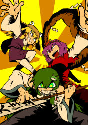 3girls blonde_hair bow frog_hair_ornament gohei green_eyes green_hair grin hair_bow hair_ornament haraegushi hat kochiya_sanae moriya_suwako multiple_girls nicetack oonusa purple_hair red_eyes rope shimenawa smile star-shaped_pupils star_(symbol) symbol-shaped_pupils symmetrical_pose thighhighs touhou white_legwear yasaka_kanako yellow_eyes