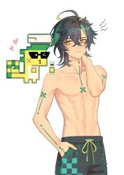 Rule 34 | 1boy, 1other, ajaw (genshin impact), arm tattoo, black hair, black male swimwear, chest tattoo, erzplubdduik93g, genshin impact, green eyes, hair between eyes, headband, highres, kinich (genshin impact), kinich (hot springs) (genshin impact), looking at viewer, male focus, male swimwear, multicolored hair, muscular, muscular male, navel, neck tattoo, short hair, stomach, streaked hair, sweat, tattoo, topless male, white background