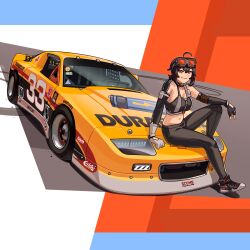 1girl absurdres ahoge arhentol black_gloves black_pants black_shoes black_sports_bra brand_name_imitation breasts brown_hair car chevrolet chevrolet_camaro cleavage commentary duracell elbow_gloves english_commentary fingerless_gloves gloves goggles goggles_on_head grace_howard grin highres looking_at_viewer medium_breasts motor_vehicle on_car pants race_vehicle racecar rectangular_eyewear red_eyes shoes sitting smile sneakers solo sports_bra trans-am_series vehicle_focus yellow_car zenless_zone_zero