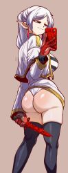 1girl absurdres ass black_shirt black_thighhighs breasts brown_background cellphone closed_mouth commentary commission counter-strike_(series) counter-strike_2 earrings elf english_commentary frieren from_behind gloves gold_trim green_eyes highres holding holding_knife holding_phone hugo_(rushbordie) jewelry knife large_breasts long_hair looking_at_viewer looking_back panties parted_bangs phone pointy_ears red_gloves selfie shiny_skin shirt simple_background skirt skirt_set smartphone smile solo sousou_no_frieren striped_clothes striped_shirt thighhighs twintails underwear white_hair white_panties white_shirt white_skirt