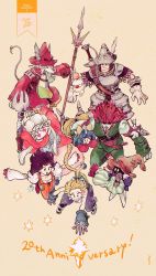 1other 3girls 4boys adelbert_steiner armor ascot baggy_pants blonde_hair blue_coat blue_hair blue_pants bodysuit boots bow breastplate brown_hair burmecian chainmail chef_hat coat dreadlocks eiko_carol final_fantasy final_fantasy_ix fork freija_crescent garnet_til_alexandros_xvii gloves green_pants green_vest grey_hair grin hair_bow hat hat_feather helmet highres holding holding_fork holding_polearm holding_weapon horns knight monkey_tail moogle multiple_boys multiple_girls nobu_(25mark) open_mouth orange_background orange_bodysuit outstretched_arm outstretched_arms overalls pants plate_armor polearm quina_quen red_coat red_footwear red_gloves red_hair red_headwear red_shirt salamander_coral shirt short_hair short_hair_with_long_locks shoulder_armor single_horn smile striped_clothes striped_pants sword tail teeth tongue tongue_out vest vivi_ornitier weapon weapon_on_back white_shirt winged_helmet wizard_hat yellow_bow yellow_eyes yellow_overalls zidane_tribal