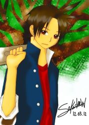 1boy ace_attorney antenna_hair apollo_justice apollo_justice:_ace_attorney brown_hair child forked_eyebrows gakuran male_focus non-web_source outdoors red_eyes school_uniform simple_background