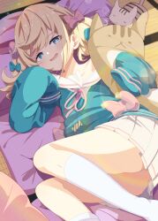 Rule 34 | 1girl, absurdres, aqua jacket, blonde hair, blue eyes, blue jacket, blush, bow, cat, commission, hair bow, half-closed eyes, highres, holding, holding stuffed toy, jacket, kneehighs, long sleeves, looking at viewer, lying, medium hair, miniskirt, on side, open mouth, original, pillow, pink bow, pleated skirt, ribbon, sailor collar, school uniform, shiro9jira, short twintails, skeb commission, skirt, sleepy, sleeves past fingers, sleeves past wrists, smile, smug, socks, solo, stuffed animal, stuffed cat, stuffed toy, tatami, twintails, white sailor collar, white skirt, white socks