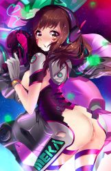 1girl acronym adapted_costume anus arched_back armor ass blowing_bubbles bodysuit boots bracer breasts brown_eyes brown_hair chewing_gum cowboy_shot cube d.va_(overwatch) eyebrows facepaint facial_mark female_focus from_behind gloves gun hand_up handgun headphones heart heart-shaped_pupils highres holding holding_gun holding_weapon hologram legs_apart long_hair long_sleeves looking_at_viewer looking_back mecha mecha_pilot_suit meka_(overwatch) nipples overwatch overwatch_1 pauldrons pussy ribbed_bodysuit robot shoulder_armor shoulder_pads sideboob skin_tight sky solo space squchan star_(sky) starry_sky sweat symbol-shaped_pupils thigh_boots thigh_strap thighhighs turtleneck uncensored weapon whisker_markings white_boots white_gloves