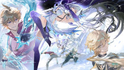 1girl 2boys aether_(genshin_impact) angye_fdez blonde_hair blue_thighhighs genshin_impact gloves gradient_gloves gradient_legwear gradient_sleeves gradient_thighhighs hair_ornament highres multiple_boys purple_gloves purple_hands purple_thighhighs skirk_(genshin_impact) tartaglia_(genshin_impact) thighhighs thighs