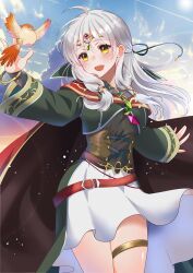 1girl :d absurdres azusa_(azchemist63) belt bird black_bridal_gauntlets bridal_gauntlets cape circlet cloak commission fire_emblem fire_emblem:_radiant_dawn fire_emblem_heroes gloves green_cloak grey_hair hair_ribbon half_updo highres jewelry long_hair looking_to_the_side micaiah_(dawning_maiden)_(fire_emblem) micaiah_(fire_emblem) nintendo official_alternate_costume open_mouth pleated_cape red_cape ribbon skeb_commission skirt smile solo sunrise thighlet white_skirt yellow_eyes yune_(fire_emblem)