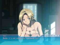 1girl 2010s 2011 blonde_eyebrows blonde_hair blue_eyes breakfast breasts cross cross_earrings earrings food game_cg jellyfish_(company) jewelry kamimura_akiko keisuke_(sisters) kitchen kouzaka_kouhei large_breasts latin_cross no_bra older_woman_and_younger_man pov premature_ejaculation sisters_~natsu_no_saigo_no_hi~ smile smiley_face step-incest stepmother stepmother_and_stepson taki_minashika visual_novel
