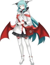 1girl absurdres aqua_hair bag bat_wings dust_girl full_body handbag highres hood hood_down long_hair original red_eyes solo thighhighs very_long_hair white_background white_thighhighs wings