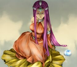 Rule 34 | 1girl, armlet, bare shoulders, breasts, circlet, crystal ball, dark-skinned female, dark skin, detached sleeves, dragon quest, dragon quest heroes ii, dragon quest iv, dress, expressionless, forehead jewel, from above, full body, gem, green gemstone, holding orb, jewelry, long dress, long hair, looking at viewer, metal belt, mido60801, minea (dq4), neck ring, official alternate costume, orange dress, orange sleeves, orb, purple eyes, purple hair, sitting, solo