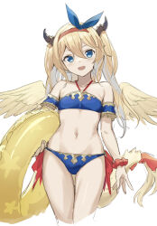 1girl blonde_hair blue_eyes hair_ornament horns innertube mariel_(p&amp;d) open_mouth swim_ring swimsuit tail twintails wamachi_(hamachi_oekaki) white_background wings