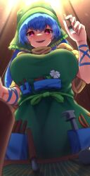 1girl absurdres apron arm_ribbon blue_hair breasts commentary_request flower green_apron green_headscarf green_headwear haniyasushin_keiki headscarf heart heart-shaped_pupils highres holding_chisel holding_tool large_breasts long_hair looking_at_viewer object_in_pocket pink_eyes pocket ribbon smile solo symbol-shaped_pupils tools touhou yosshy