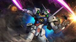 absurdres asteroid battle copyright_logo debris derivative_work duel dust_cloud earth_federation_space_forces energy_beam energy_sword engage_gundam explosion gundam gundam_battle_operation_2 gundam_u.c._engage highres machinery mecha mecha_focus mobile_suit official_art painting_(medium) realistic robot scan science_fiction space sunrise_(company) sword tenjin_hidetaka thrusters traditional_media weapon