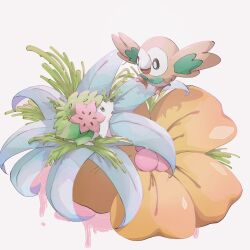 :o animal_focus artist_name bird black_eyes bow bowtie colored_skin floating flower gen_4_pokemon gen_7_pokemon glint green_bow green_bowtie green_eyes green_hair highres ktbr_2 legendary_pokemon mythical_pokemon nintendo no_humans open_mouth owl plant pokemon pokemon_(creature) rowlet shaymin shaymin_(land) simple_background snout talons twitter_username watermark white_background white_skin wings