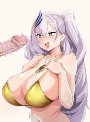 1girl aqua_eyes artist_name bar_censor bare_arms bare_shoulders bikini braid braided_bangs breasts censored cleavage collarbone earrings feather_hair_ornament feathers from_side gold_bikini gradient_background grey_hair hair_behind_ear hair_ornament hands_on_own_chest hands_up high_ponytail highres hololive hololive_indonesia huge_breasts jewelry large_penis long_hair myumi navel necklace open_mouth pavolia_reine penis ponytail sideboob smile solo stomach swept_bangs swimsuit twitter_username upper_body very_long_hair virtual_youtuber yellow_background