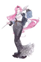 1girl absurdres aegumd belt belt_buckle black_hairband black_jacket blue_sleeves blush breasts brooch brown_belt buckle closed_mouth curtained_hair earrings flower_trim full_body grey_skirt hairband hand_up highres hobble_skirt holding holding_sword holding_weapon jacket jewelry korean_commentary layered_sleeves long_hair long_skirt long_sleeves looking_at_viewer medium_breasts mole mole_under_eye necklace open_clothes open_jacket original pink_hair plaid_clothes puffy_long_sleeves puffy_sleeves rapier scarf shirt simple_background skirt sleeve_cuffs smile solo standing sword tassel tassel_earrings very_long_hair weapon white_background white_scarf white_shirt