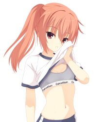 1girl absurdres alternate_costume alternate_hairstyle breasts clothes_lift commentary_request eyelashes eyes_visible_through_hair grey_sports_bra gym_shirt gym_shorts gym_uniform hair_between_eyes highres inaba_meguru kaon_zz lifting_own_clothes long_hair looking_at_viewer navel orange_hair paid_reward_available parted_lips ponytail red_eyes sanoba_witch shirt shirt_lift short_sleeves shorts sidelocks simple_background small_breasts solo sports_bra stomach sweat upper_body white_background white_shirt wiping_face wiping_sweat wiping_with_clothes