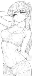 1girl bad_link breasts collarbone greyscale highres komi-san_wa_komyushou_desu komi_shouko long_hair looking_at_viewer monochrome navel ponytail shorts small_breasts solo sports_bra standing stomach sweat very_long_hair xel4