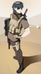 2008 absurdres ammunition_pouch assault_rifle battle_rifle black_hair blue_eyes boots brown_footwear bulletproof_vest bullpup chadlink combat_boots commission desert desert_tech_mdr eyepatch facial_hair fingerless_gloves fn_five-seven fn_scar gloves gun handgun highres holster keffiyeh male_focus mullet original pale_skin pdw-caliber_pistol pistol pixiv_commission pouch rifle scowl suppressor sword weapon