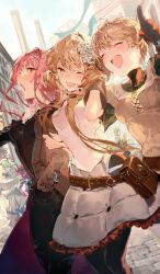 1boy 6+girls architecture arm_up armor artoria_caster_(fate) artoria_caster_(first_ascension)_(fate) artoria_pendragon_(fate) avalon_le_fae_(fate/grand_order) baobhan_sith_(fate) baobhan_sith_(first_ascension)_(fate) barghest_(fate) barghest_(first_ascension)_(fate) belt belt_buckle black_bodysuit black_crown black_pantyhose blonde_hair blue_eyes bodysuit breastplate breasts brown_belt brown_gloves brown_shirt buckle circlet city closed_eyes cnoc_na_riabh_(fate) coat commentary cross-laced_clothes cross-laced_top crown day dress dutch_angle faceless faceless_female faerie_knights_(fate) fate/grand_order fate_(series) flower frilled_skirt frills gareth_(fate) gareth_(first_ascension)_(fate) gloves green_shirt grey_coat hair_flower hair_ornament hand_in_own_hair height_difference horns hotosoka_(user_nxja5583) hug laughing layered_sleeves locked_arms long_hair long_sleeves looking_to_the_side medb_(fate) medium_breasts melusine_(fate) miniskirt multiple_girls official_art one_eye_closed open_mouth outdoors pantyhose percival_(fate) pink_dress pink_hair pointing road shirt shirt_under_shirt short_hair short_over_long_sleeves short_sleeves skirt small_breasts smile street tailcoat teeth thigh_strap third-party_source turtleneck turtleneck_shirt two-sided_tailcoat upper_teeth_only waist_hug walking white_hair white_shirt white_skirt yellow_eyes