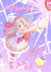 absurdres bow bowtie commentary_request dress frilled_dress frills grey_hair hat highres magical_girl mascot onii-chan_wa_oshimai! open_mouth oyama_mahiro pink_bow pink_bowtie shoes smile sparkle staff tanpaku_(oqu_2) witch_hat yellow_eyes