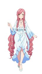 1girl artist_request blue_dress blush bow breasts cleavage closed_mouth curled_fingers curly_hair dot_nose dress eyelashes eyes_visible_through_hair fingernails flower flower_necklace full_body gradient_clothes gradient_dress green_eyes hair_flower hair_ornament hanazono_hahari hand_up high_heels highres jewelry kimi_no_koto_ga_dai_dai_dai_dai_daisuki_na_100-nin_no_kanojo large_breasts leg_up long_hair long_sleeves looking_at_viewer low-cut mature_female multicolored_dress nail_polish necklace necklace_between_breasts official_art pink_hair pink_nails ringlets sidelocks single_hair_intake smile solo standing standing_on_one_leg straight-on strappy_heels swept_bangs tachi-e transparent_background very_long_hair waist_bow white_bow white_dress white_flower white_footwear