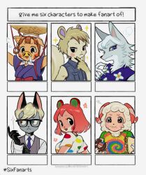 3boys 3girls animal_crossing animal_ears animal_nose apple_(animal_crossing) black_eyes blonde_hair blue_dress breasts cat_boy cat_ears chinese_commentary chocolate_donut commentary_request daisy_mae_(animal_crossing) denim_vest dom_(animal_crossing) donut dress eating floral_print food formal_clothes frown furry furry_female furry_male glasses hamster_ears hamster_girl heterochromia highres holding holding_food horns marshal_(animal_crossing) multiple_boys multiple_drawing_challenge multiple_girls necktie nintendo pig_ears pig_girl pig_nose pleading_eyes polka_dot polka_dot_shirt qin_(7833198) raymond_(animal_crossing) red_hair sandwich sheep_boy sheep_horns shirt short_hair six_fanarts_challenge squirrel_boy squirrel_ears squirrel_tail suit tail tie-dye v vest whitney_(animal_crossing) wolf_ears wolf_girl