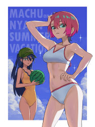 2girls amate_yuzuriha aqua_eyes baseball_cap bikini black_hair blue_sky breasts casual_one-piece_swimsuit character_name cloud commentary_request daoshitaka food fruit green_hat gundam gundam_gquuuuuux hand_on_own_hip hat highres holding holding_food holding_fruit holding_watermelon looking_at_viewer multiple_girls nyaan_(gundam_gquuuuuux) one-piece_swimsuit one_side_up red_hair short_hair sky small_breasts swimsuit watermelon white_bikini yellow_eyes yellow_one-piece_swimsuit