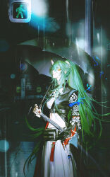 Rule 34 | 1girl, arknights, arrow (symbol), beads, belt, belt buckle, black belt, black jacket, buckle, city, closed mouth, cowboy shot, crop top, green hair, hair between eyes, hand in pocket, high belt, high ponytail, highres, holding, holding umbrella, horns, hoshiguma (arknights), hoshiguma the breacher (arknights), huangdanlan, jacket, leather, leather jacket, long hair, looking at viewer, night, outdoors, ponytail, rain, road sign, sign, single horn, skirt, solo, standing, traffic light, umbrella, very long hair, white horns, white skirt, yellow eyes