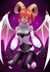 1girl @_@ ahoge black_sclera brown_horns chaldea_uniform colored_sclera corruption cosplay dark_persona dark_young_(fate) dark_young_(fate)_(cosplay) demon_wings fate/grand_order fate_(series) fujimaru_ritsuka_(female) goat goat_legs hair_ornament hair_scrunchie highres hooves horns looking_at_viewer monsterification one_side_up orange_hair purple_eyes scrunchie side_ponytail simotuki smile solo third_eye white_wings wings
