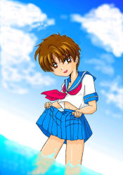 Rule 34 | 1990s (style), brown eyes, brown hair, capcom, cardcaptor sakura, clothes lift, cosplay, crossdressing, fujisaki mio, gender request, genderswap, kasugano sakura, kasugano sakura (cosplay), li xiaolang, retro artstyle, school uniform, short hair, skirt, skirt lift, street fighter, tomoeda middle school uniform, water