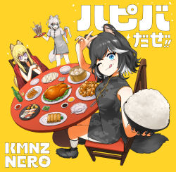 3girls :q absurdres animal_ear_fluff animal_ear_piercing animal_ears barbell_piercing black_boots black_dress black_hair black_nails black_streaks blonde_hair blue_eyes blush boots bottle bowl breasts chair character_name chicken_(food) china_dress chinese_clothes chopsticks closed_mouth coat commentary_request crossed_bangs dog_ears dog_girl dog_tail dress drinking_straw ear_piercing fishnet_socks fishnets food food_on_face glass hand_up highres holding holding_bill holding_bowl holding_chopsticks holding_tray industrial_piercing itsumeee3 jewelry kmnz lita_(kmnz) long_hair looking_at_viewer multicolored_hair multiple_girls multiple_rings nero_(kmnz) one_eye_closed open_mouth piercing plate red_coat rice rice_bowl rice_on_face ring sauce short_hair short_sleeves side_slit sitting sleeveless sleeveless_dress small_breasts small_sweatdrop smile socks sparkle sparkling_eyes spiked_ear_piercing streaked_hair swept_bangs table tail tina_(kmnz) tongue tongue_out translation_request tray v v_over_head white_dress white_hair white_streaks yellow_background