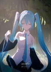 1girl absurdres alios_arvin aqua_hair aqua_necktie bare_shoulders black_skirt character_name closed_eyes detached_sleeves hatsune_miku highres long_hair miku_day necktie shirt skirt sleeveless sleeveless_shirt solo twintails vocaloid white_shirt