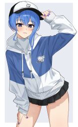 Rule 34 | 1girl, :3, absurdres, adjusting clothes, adjusting headwear, asymmetrical sidelocks, baseball cap, black skirt, blue eyes, blue hair, blue jacket, blue nails, border, closed mouth, commentary request, double-parted bangs, grey background, hair between eyes, hat, highres, hololive, hood, hooded jacket, hoshimachi suisei, hoshimachi suisei (11th costume), jacket, looking at viewer, miniskirt, mino (miiiinon611), multicolored jacket, nail polish, official alternate costume, pleated skirt, ponytail, simple background, skirt, solo, star (symbol), star in eye, symbol in eye, two-tone hat, two-tone jacket, virtual youtuber, white background, white border, white jacket