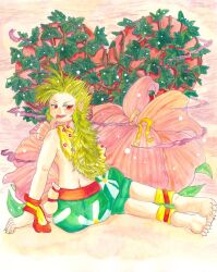 armband ass bag barefoot belt blush fang feet final_fantasy final_fantasy_vi finger_to_mouth fingernails floral_print flower full_body gau green_hair heart highres legband long_fingernails long_hair male_focus naughty_face on_floor pistil plant pointy_ears rafflesia_(final_fantasy) red_belt red_eyes satchel shawl soles_together tongue tongue_out traditional_media vines