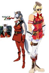 Rule 34 | 1boy, 1girl, animal ears, belt, blonde hair, boots, bow, breasts, char aznable, char aznable (cosplay), clenched hand, cosplay, costume switch, crossover, ear bow, earmuffs, full body, gloves, gold ship (umamusume), gold ship (umamusume) (cosplay), grey hair, gundam, highres, horse ears, horse girl, horse tail, leggings, long hair, medium hair, military uniform, mobile suit gundam, pillbox hat, red shirt, shirt, simple background, siromayu0212, sleeveless, standing, sunglasses, tail, umamusume, white background