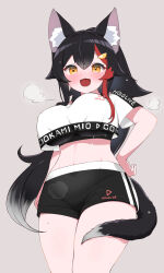 1girl :d animal_ear_fluff animal_ears arm_at_side black_hair black_shorts black_sports_bra blush breasts character_name chestnut_mouth clothes_writing cowboy_shot crop_top crop_top_overhang cropped_shirt curvy double-parted_bangs flipped_hair grey_background grey_hair groin hair_ornament hairclip hand_on_own_hip highres hololive hololive_dance_practice_uniform kani_bonara large_breasts long_hair looking_at_viewer midriff multicolored_hair navel official_alternate_costume ookami_mio open_mouth red_hair shirt short_shorts shorts sidelocks simple_background smile solo spiked_hair sports_bra sports_bra_peek steaming_body streaked_hair sweat t-shirt tail tail_around_own_leg tail_wrap thick_thighs thighs very_long_hair very_sweaty virtual_youtuber white_shirt wolf_ears wolf_girl wolf_tail workout_clothes yellow_eyes