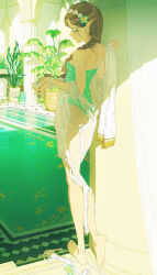 1girl ass bare_shoulders barefoot blush braid breasts brown_hair commentary day from_behind green_eyes green_theme hair_over_shoulder high_heels highres long_hair looking_at_viewer looking_back miv4t mole mole_under_eye original plant pointy_ears pool potted_plant profile shoes single_braid small_breasts solo standing sunlight swimsuit unworn_shoes water watering_can