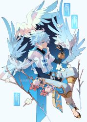 1boy animal animal_on_head bandaged_arm bandaged_leg bandages bird bird_on_hand bird_on_head black_bodysuit black_gloves blue_eyes blue_hair bodysuit branch chongyun_(genshin_impact) closed_mouth commentary emmikn english_commentary fingerless_gloves flower genshin_impact gloves hair_between_eyes highres hood hood_down light_blue_hair male_focus on_head pink_flower simple_background vision_(genshin_impact) white_bird white_flower