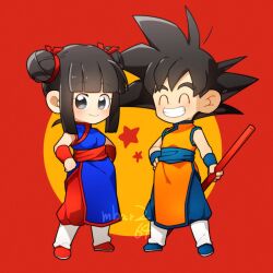1boy 1girl alternate_costume alternate_hairstyle black_eyes black_hair blunt_bangs blunt_sidelocks bracer chi-chi_(dragon_ball) china_dress chinese_clothes closed_eyes commentary_request couple dated_commentary double_bun dragon_ball dragon_ball_(classic) dress gamubanku grin hair_bun hand_on_own_hip hands_on_own_hips hetero holding holding_staff ruyi_jingu_bang short_hair smile son_goku spiked_hair staff twitter_username