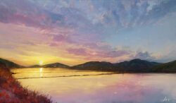 bilingual_commentary blue_sky cloud commentary english_commentary flower gradient_sky highres hill jachrysant landscape mixed-language_commentary mountainous_horizon nature no_humans orange_sky original outdoors pink_clouds red_flower reflection reflective_water scenery signature sky sky_focus sun sunset