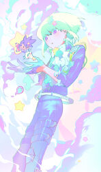 1boy absurdres ascot belt black_gloves black_jacket black_pants chibi colored_eyelashes galo_thymos gloves green_hair half_gloves highres jacket km_(ksolee1201) lio_fotia multiple_belts pants parted_lips pastel_colors promare purple_eyes short_hair solo star_(symbol) thigh_belt thigh_strap white_ascot