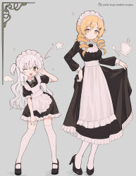 2girls absurdres alternate_costume apron bare_arms black_dress black_shirt black_shoes blonde_hair bow bowtie buttons child closed_mouth collared_shirt copyright_name cup dress drill_hair enmaided eyelashes frilled_apron frilled_dress frills full_body grey_background grey_bow grey_bowtie hair_between_eyes hair_ornament hair_over_shoulder hair_tie hairclip hand_on_own_thigh height_difference high_heels highres long_dress long_hair long_sleeves looking_at_viewer mahou_shoujo_madoka_magica mahou_shoujo_madoka_magica:_hangyaku_no_monogatari mahou_shoujo_madoka_magica_(anime) maid maid_headdress mary_janes momoe_nagisa moonfire multiple_girls one_eye_closed pantyhose picture_frame puffy_short_sleeves puffy_sleeves shadow shirt shirt_under_dress shoes short_dress short_sleeves simple_background skirt_hold smile steam tareme teacup teaspoon thighhighs tiptoes tomoe_mami twin_drills two_side_up v waist_apron wavy_hair white_apron white_hair white_pantyhose white_shirt white_thighhighs wink_star yellow_eyes zettai_ryouiki